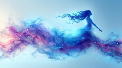   A woman in a blue dress soars through the air, arms extended, hair billowing in the wind