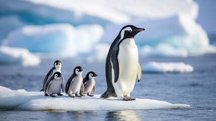 An adorable family of penguins waddle along the icy shores of Antarctica.