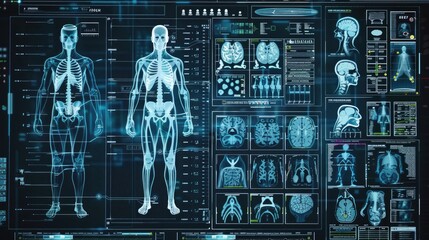 Futuristic medical user interface displaying a patient's vital signs and medical scans.