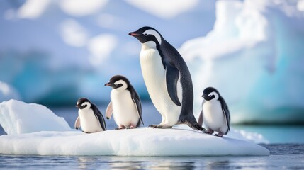 Fototapeta premium An adorable family of penguins waddle along the icy shores of Antarctica.