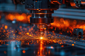 A closeup of a laser machine tool creating sparks and light, on a dark background with a bokeh effect. Created with Ai