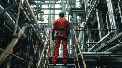 Fototapeta premium Man in work clothes wearing red jumpsuit, helmet and engineering tools standing on stairs, construction site.