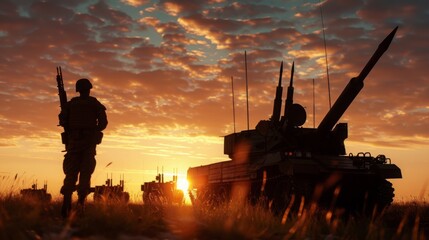 silhouette of soldiers and defense equipment in the sunset. on the battlefield ground war. - obrazy, fototapety, plakaty