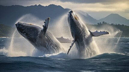 A herd of humpback whales breaks the surface of the water.