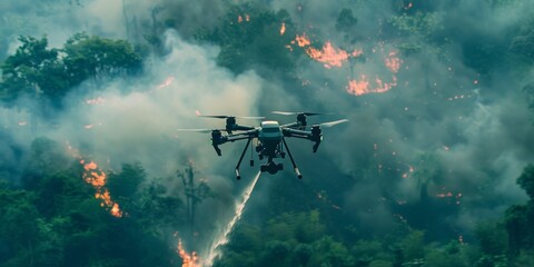 Naklejka premium drone spraying water over the forest fires.