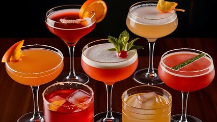 Different beautiful cocktails in warm colors on a dark background