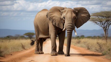 Walking on a dirt road, an African bush elephant (Loxodonta africana) lifts its foot and looks at the camera; Tanzania - obrazy, fototapety, plakaty