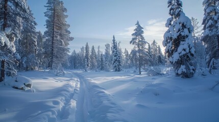 A snow-covered road winds through a dense forest, with towering trees lining both sides. The white snow contrasts starkly against the dark bark of the trees, creating a winter scene.
