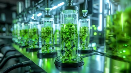 research scientist team working in a Photobioreactor in the laboratory of algae fuel, biofuel sustainability concept