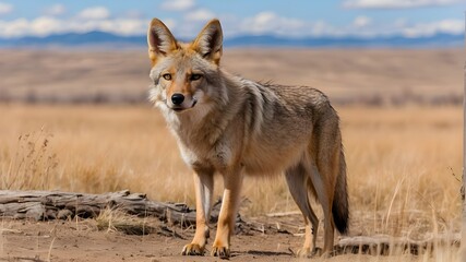 Fototapeta premium A vigilant Coyote (Canis latrans) at the Rocky Mountain Arsenal National Wildlife Refuge, located approximately 8 kilometers outside of Denver, Colorado, USA