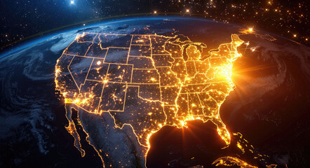 A map of the United States is lit up at night, with yellow lights glowing in various cities across America