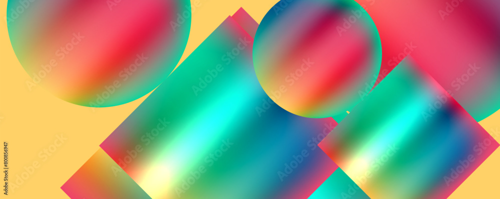 Poster a collection of vibrant geometric shapes in hues of magenta and electric blue on a sunny yellow back