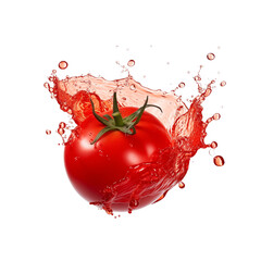 Fresh tomato with a vibrant splash of red juice, creating an energetic and juicy explosion, isolated on transparent background. Generative AI 