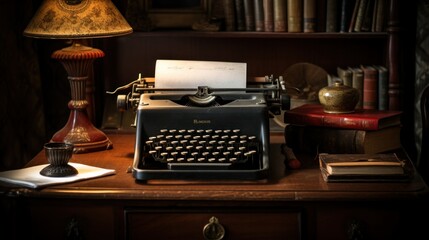 Vintage writing desk with antique typewriter and stack of paper.