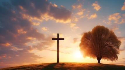 Concept of Ascension Day. The cross against a sunrise in fall on a pasture. 8k and 4K video