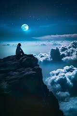Fototapeta premium Picture yourself floating among the clouds under the serene moonlight, where the world below is a distant dream and the night sky, Generative AI