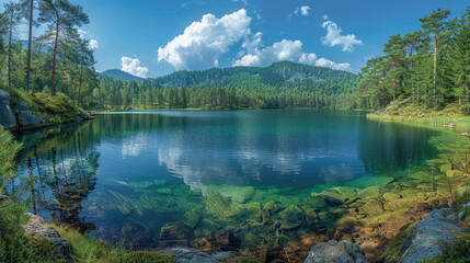 Fototapeta na wymiar Beautiful lake in the forest, with a blue sky and white clouds. The clear water surface and green trees around it. Created with Ai