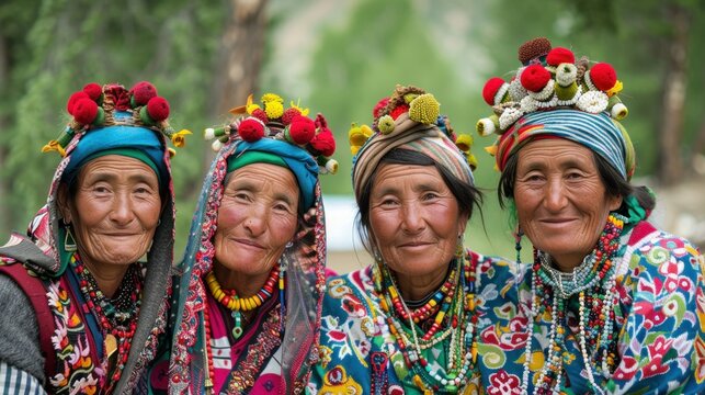 Elderly women of the Ladakhi tribe wear traditional clothes.