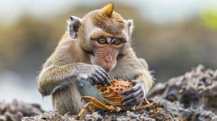 Obraz premium A macaque sitting on a rock and skillfully cracking open a crab with its hands