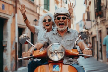 Prompt happy senior couple riding on the scooter. Generate AI image