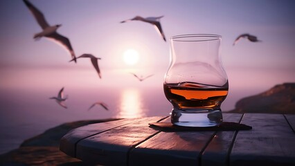 Glass of whiskey on a wooden table at the sunset selective focus