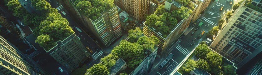 A city where nature and urban life coexist in harmony. The buildings are covered in lush greenery, creating a beautiful and sustainable urban environment.