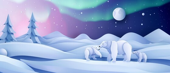 A family of polar bears walking through a snowy landscape
