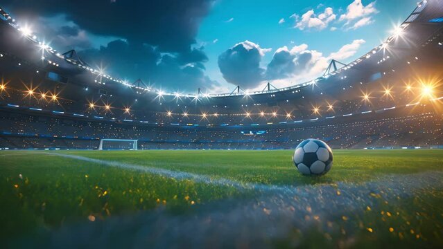 Soccer match in full swing under evening sky, stadium lights illuminating the ball and players in action