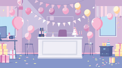 Room with reception desk decorated for Birthday party