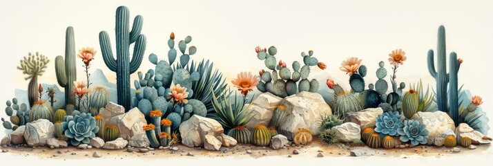 Create a sprawling montage capturing diverse desert cacti and delicate blooms, showcasing the vibrant beauty of arid landscapes. - obrazy, fototapety, plakaty