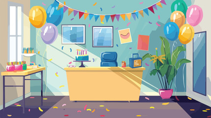 Room with reception desk decorated for Birthday party