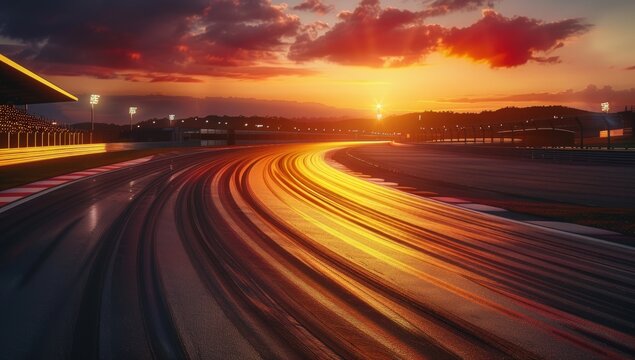 Racing car on a curved track with a stadium and sunlight. Generate AI image