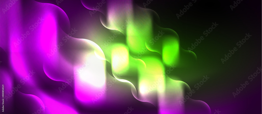 Poster An electric blue and magenta glowing wave with a symmetrical pattern floating on a black background, creating a mesmerizing art event