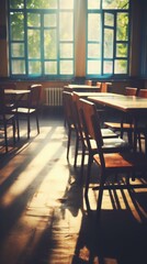 Empty classroom with sun shining through the windows. Generative AI.