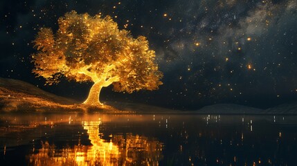 A tree with a golden trunk, set against a night sky with a lake reflecting the tree