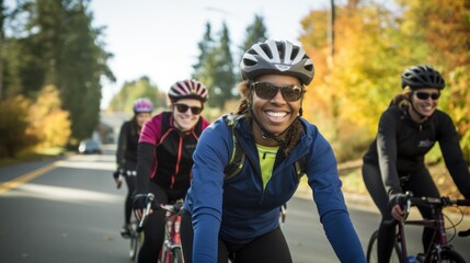 A diverse group of friends on bicycles shared smiles. A symbol of commitment to fitness and friendship.