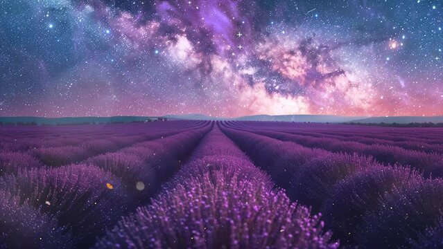 purple nature  background. lavender flower blooming fields in endless rows under the milky way. seamless looping overlay 4k virtual video animation background