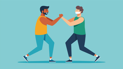 Fototapeta premium Two men stand facing each other engaged in a partner stretching exercise that requires trust and communication as they support each others weight..