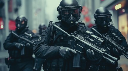 Three men in black uniforms with gas masks on their faces and holding guns