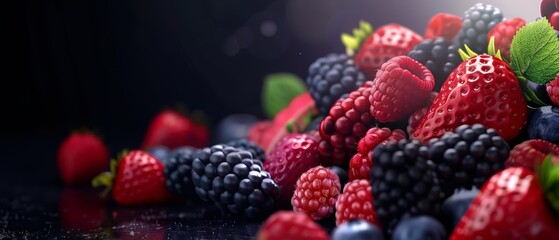 A variety of fresh berries, including strawberries, blueberries, raspberries, and blackberries, are arranged in a visually appealing way