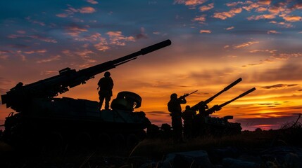 silhouette of soldiers and defense equipment in the sunset. on the battlefield ground war.