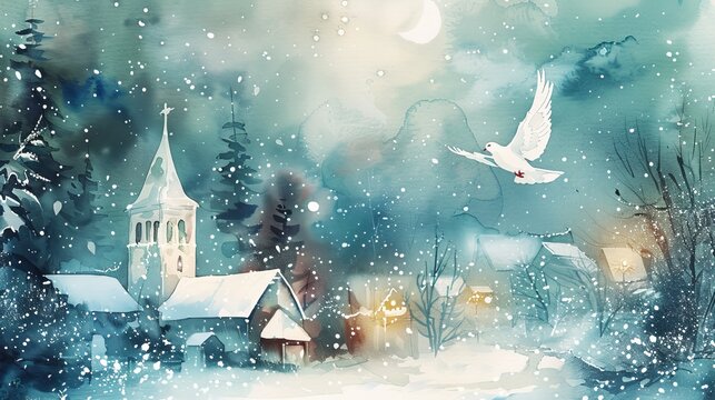 A gentle and luminous watercolor painting depicting a Christmas dove hovering over a snowy village with a church on a snowy evening. The painting is presented in a rectangular layout