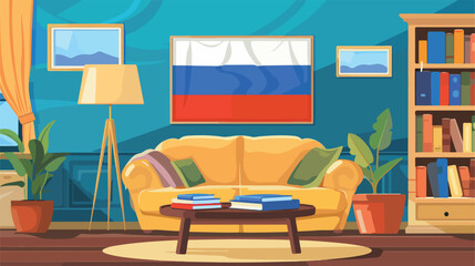 Russian flag and books on table near sofa Vector illustration