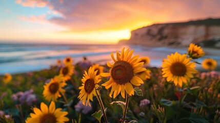 A sunset motion blur photo of a beach in Southern France with sunflowers in the foreground