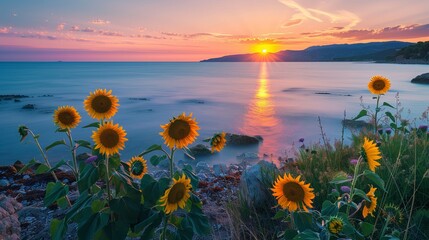 A sunset motion blur photo of a beach in Southern France with sunflowers in the foreground