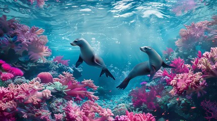 An outdoor photo of the underwater landscape, with a turquoise blue sea bed. Two sea lions are seen dancing amidst pink flowered corals.