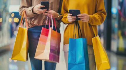 Buyers Couple Shopping Using Cellphone Holding Colorful Shopper Bags Standing In Mall Ai generated