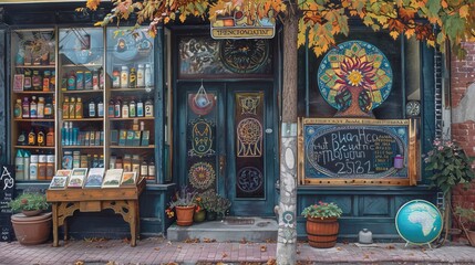 An artistic pastel drawing depicting a street shop with signs reading 'Healing Time' and 'How to Heal Yourself' on a chalkboard. 