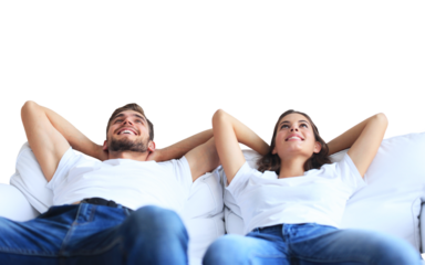 Relaxed young couple resting and dreaming about new home on comfortable sofa together on a transparent background