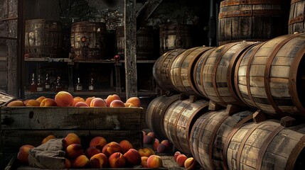 Peaches scattered among barrels labeled 'Dregan Distilleries,' with empty bottles and wooden trays nearby